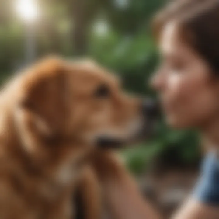 A pet owner gently stroking their dog's back