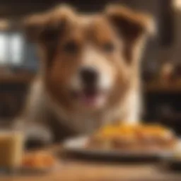 A happy dog with a healthy coat enjoying a meal