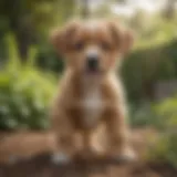 A six-month-old puppy looking healthy and playful in a sunny garden.