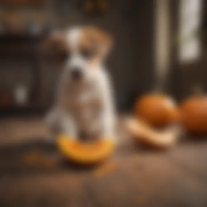 A puppy enjoying a natural home remedy like pumpkin.