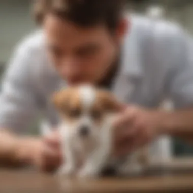 Veterinarian examining a puppy with care.