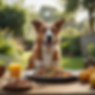 A happy dog enjoying a healthy meal in a sunny garden