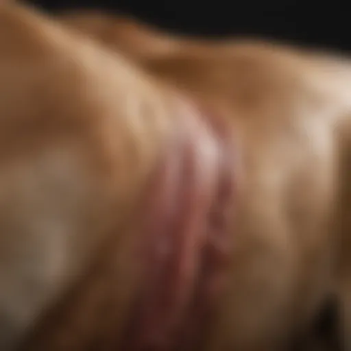 A close-up of a dog's stomach area indicating discomfort