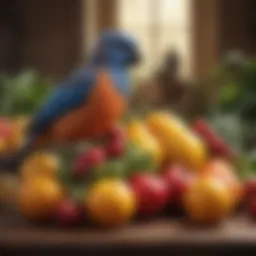 A beautifully arranged selection of bird-safe fruits and vegetables for an avian diet.
