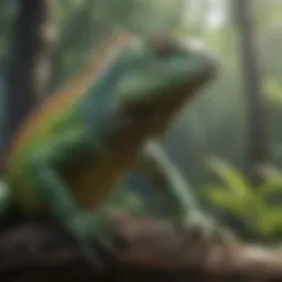 A vibrant iguana perched on a branch, showcasing its unique features.