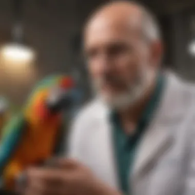 A veterinarian examining a colorful parrot in a clinical setting.