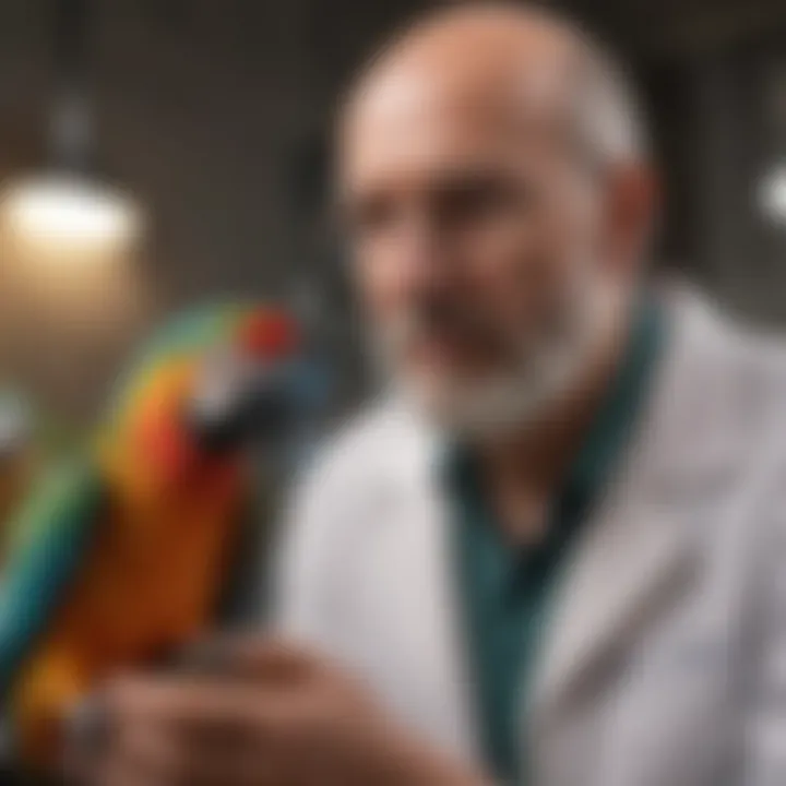 A veterinarian examining a colorful parrot in a clinical setting.