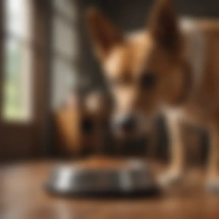 Dog looking at its food bowl with curiosity