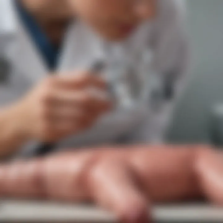 A close-up of a veterinarian examining a pet's abdomen