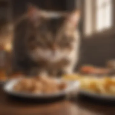 Cat examining food before eating