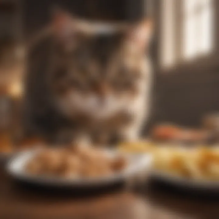 Cat examining food before eating