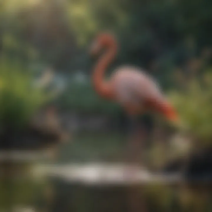 A serene scene of a flamingo standing gracefully in a wetland