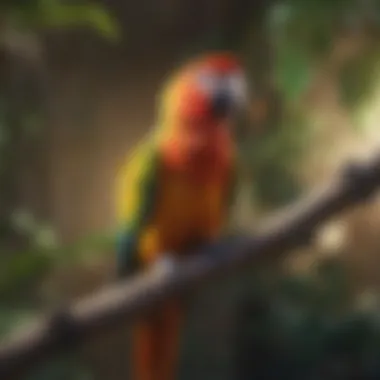 A vibrant parrot perched on a branch showcasing its colorful feathers