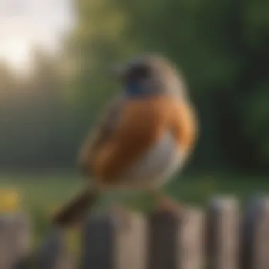 A close-up of a songbird perched on a fence, ready to sing