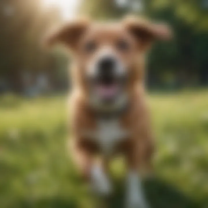 A happy dog playing outside in a grassy area