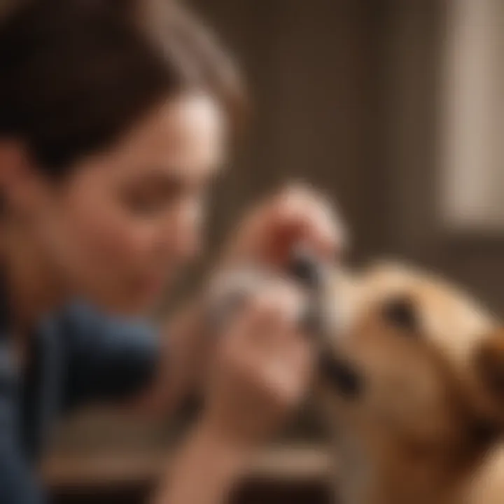 Dog owner administering ear treatment at home