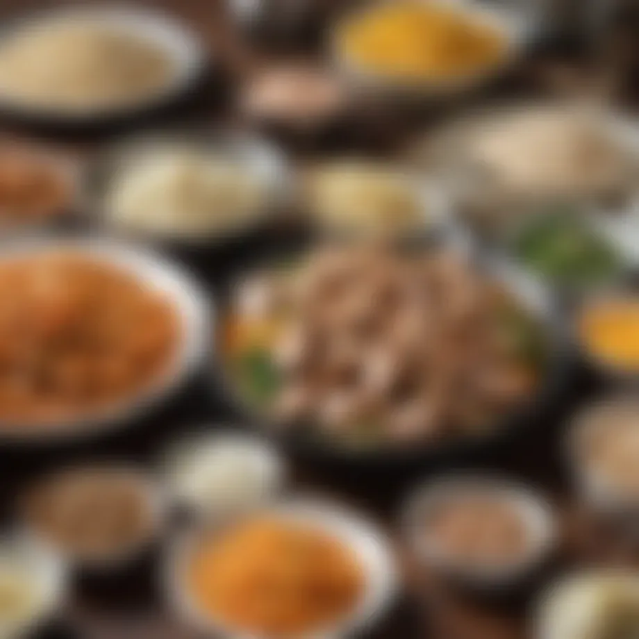 A selection of bland foods suitable for dogs with diarrhea, including boiled chicken and rice