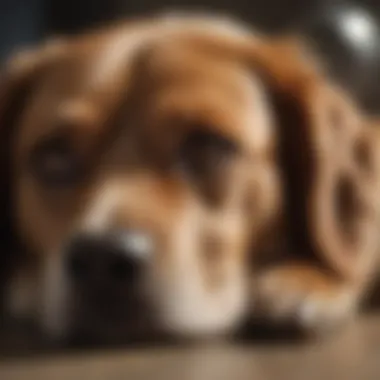 A close-up of a dog lying down with a pained expression