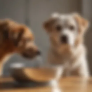 A bowl of fresh water next to a dog with a healthy coat