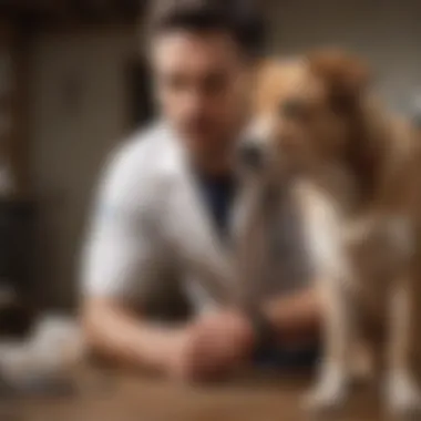 A vet examining a dog with a concerned expression