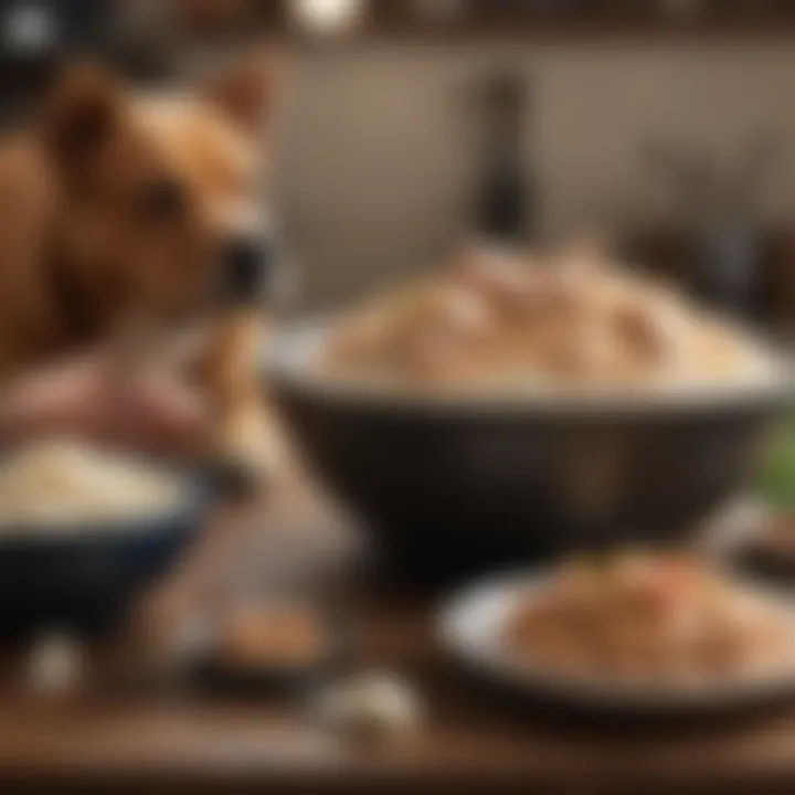 A bowl of bland diet for dogs with rice and boiled chicken