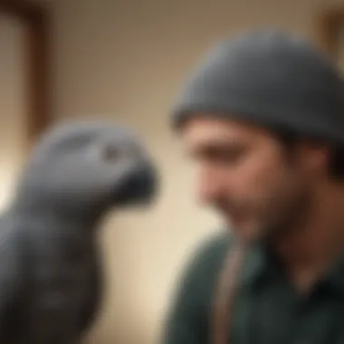 African Grey parrot interacting with its owner