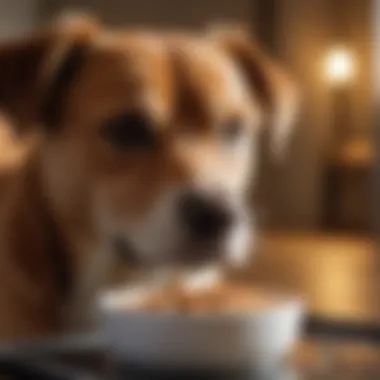 A close-up of a dog looking concerned with a bowl of food in front of it