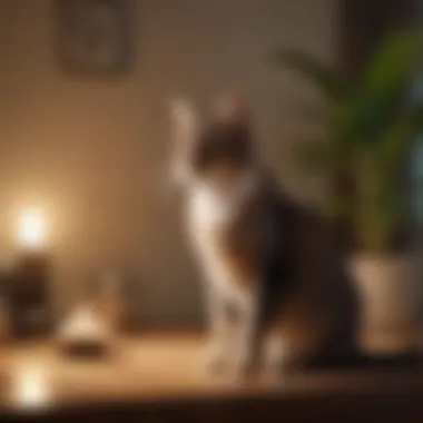 A pet owner applying light therapy to a cat in a comfortable home setting