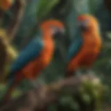 A vibrant display of tropical birds in their natural habitat showcasing their colors and adaptations.