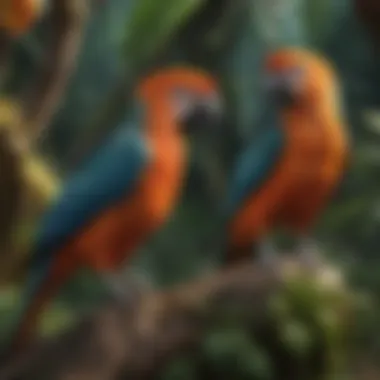 A vibrant display of tropical birds in their natural habitat showcasing their colors and adaptations.