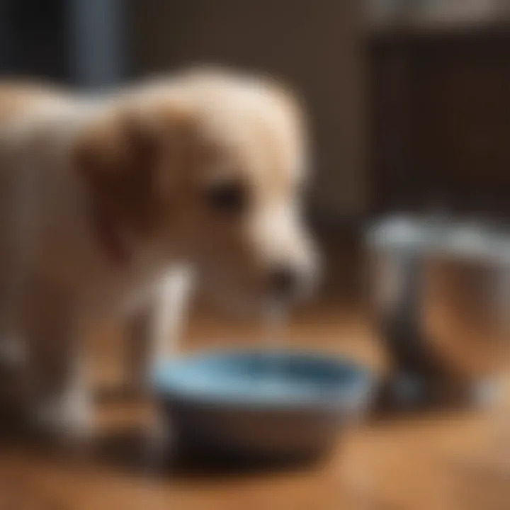 A puppy drinking water from a bowl, ensuring proper hydration.