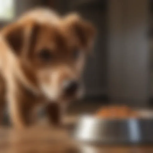 A dog looking curiously at its food bowl