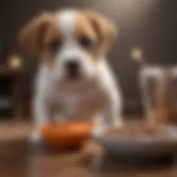 Puppy looking at a bowl of bland diet food