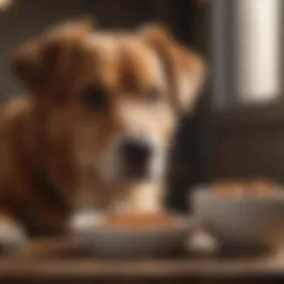 A dog looking concerned with a bowl of food beside it