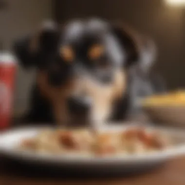 A dog comfortably resting after a meal.