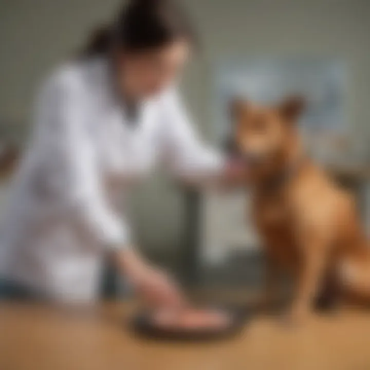 A veterinarian examining a dog, demonstrating the importance of professional advice for digestive problems.