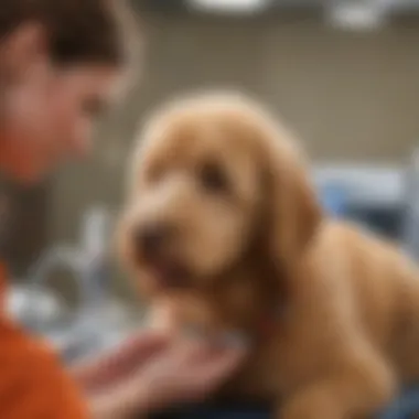 A Goldendoodle receiving a veterinary check-up for ear issues