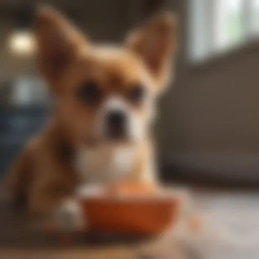 A small dog looking concerned with a bowl of food nearby