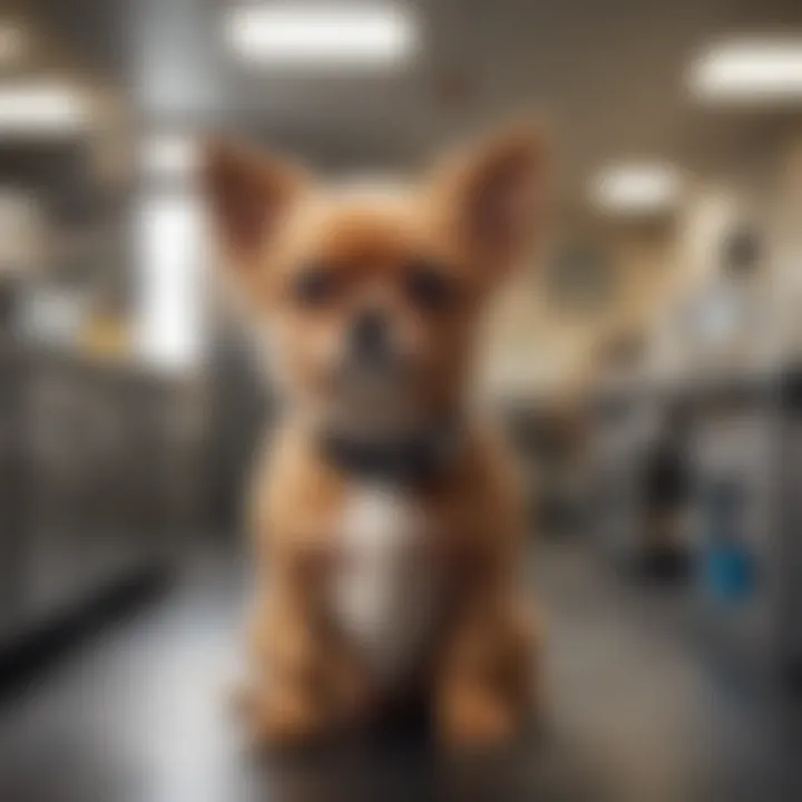 A small dog with its owner at a veterinary clinic