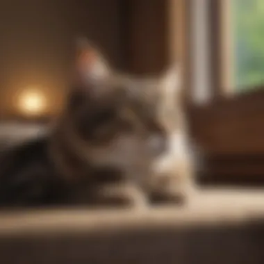 A cat resting comfortably in a cozy environment