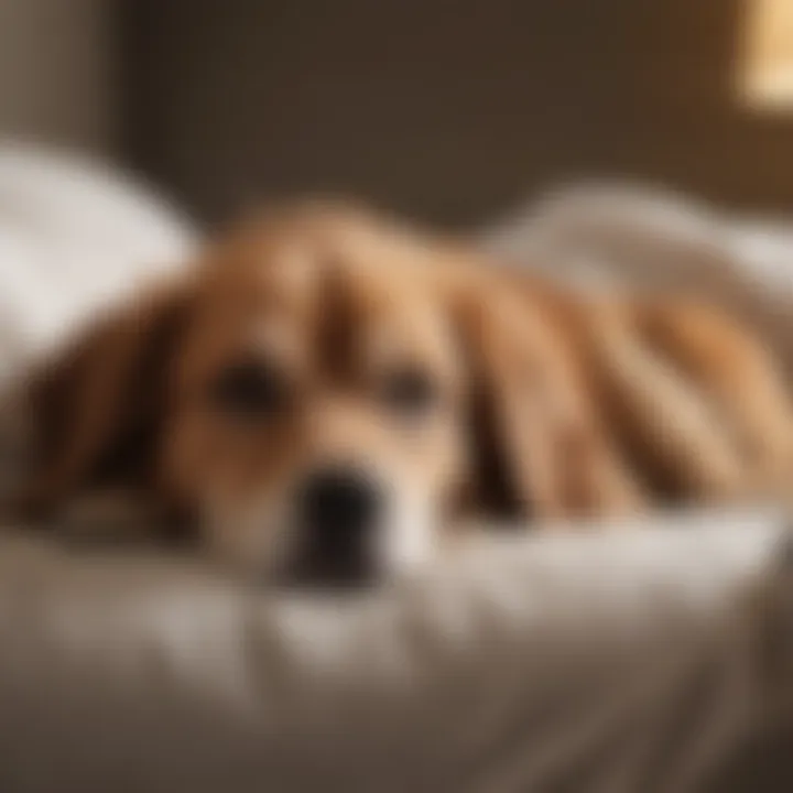 A dog resting comfortably on a soft bed, showcasing signs of recovery.