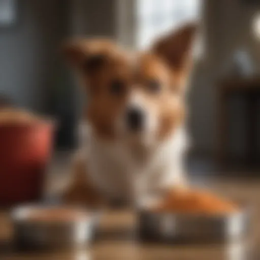 A dog with a concerned expression, sitting near its food bowl