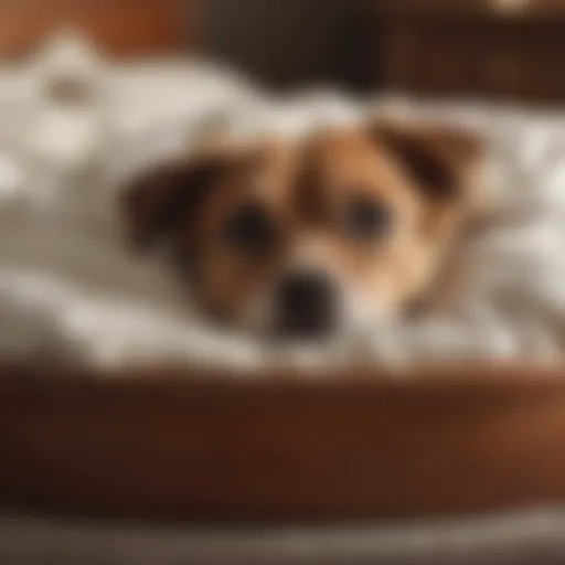 A dog looking uncomfortable in its bed