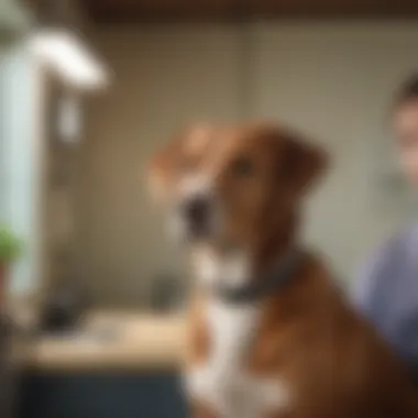 A concerned pet owner with a dog at a veterinary clinic, highlighting care.