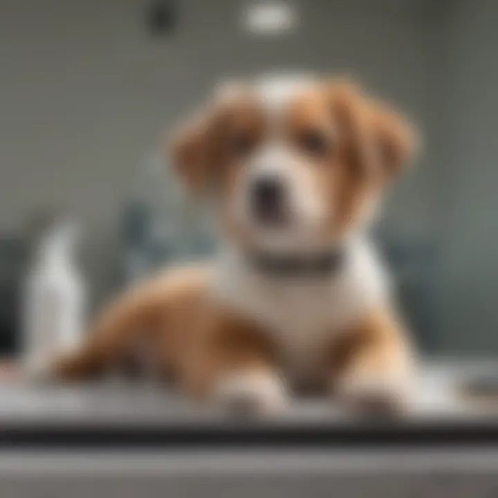 A serene puppy lying on a veterinary examination table