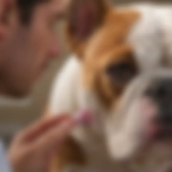 Veterinarian examining a bulldog's ear