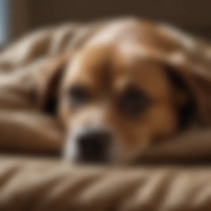 A cozy dog curled up on a blanket, conveying comfort during digestive distress.