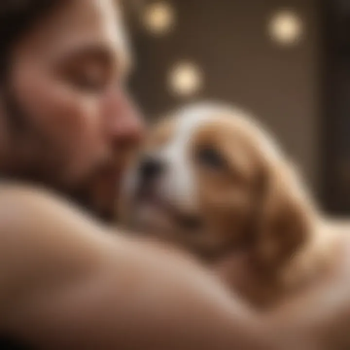 A pet owner comforting a puppy during recovery