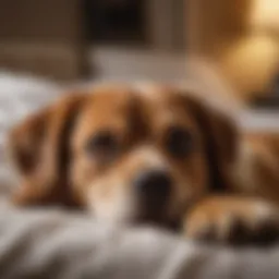 A dog lying comfortably on a bed, showing signs of relief