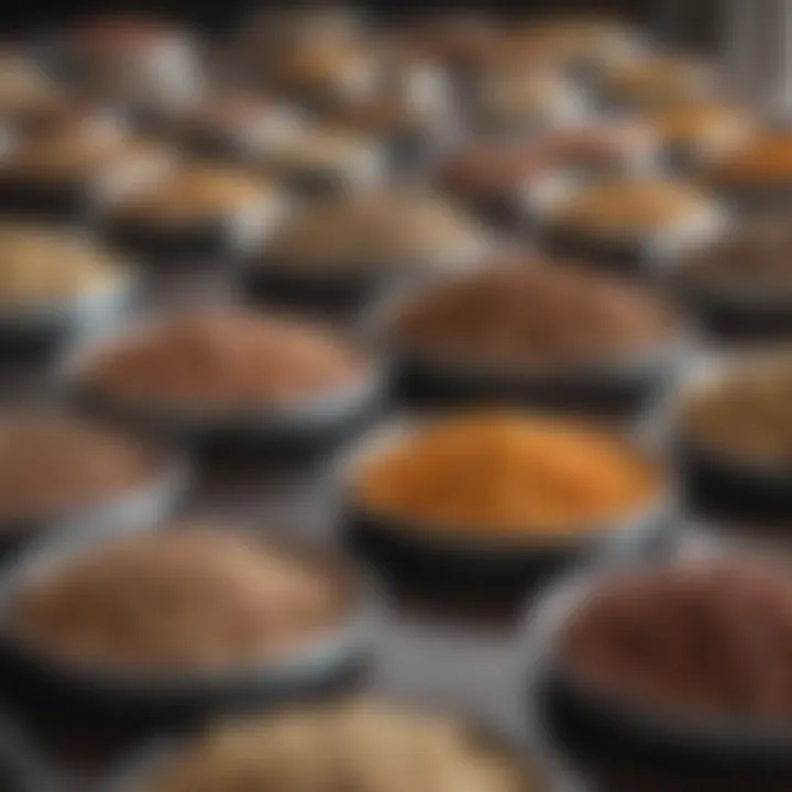 Different types of cat food lined up on a table